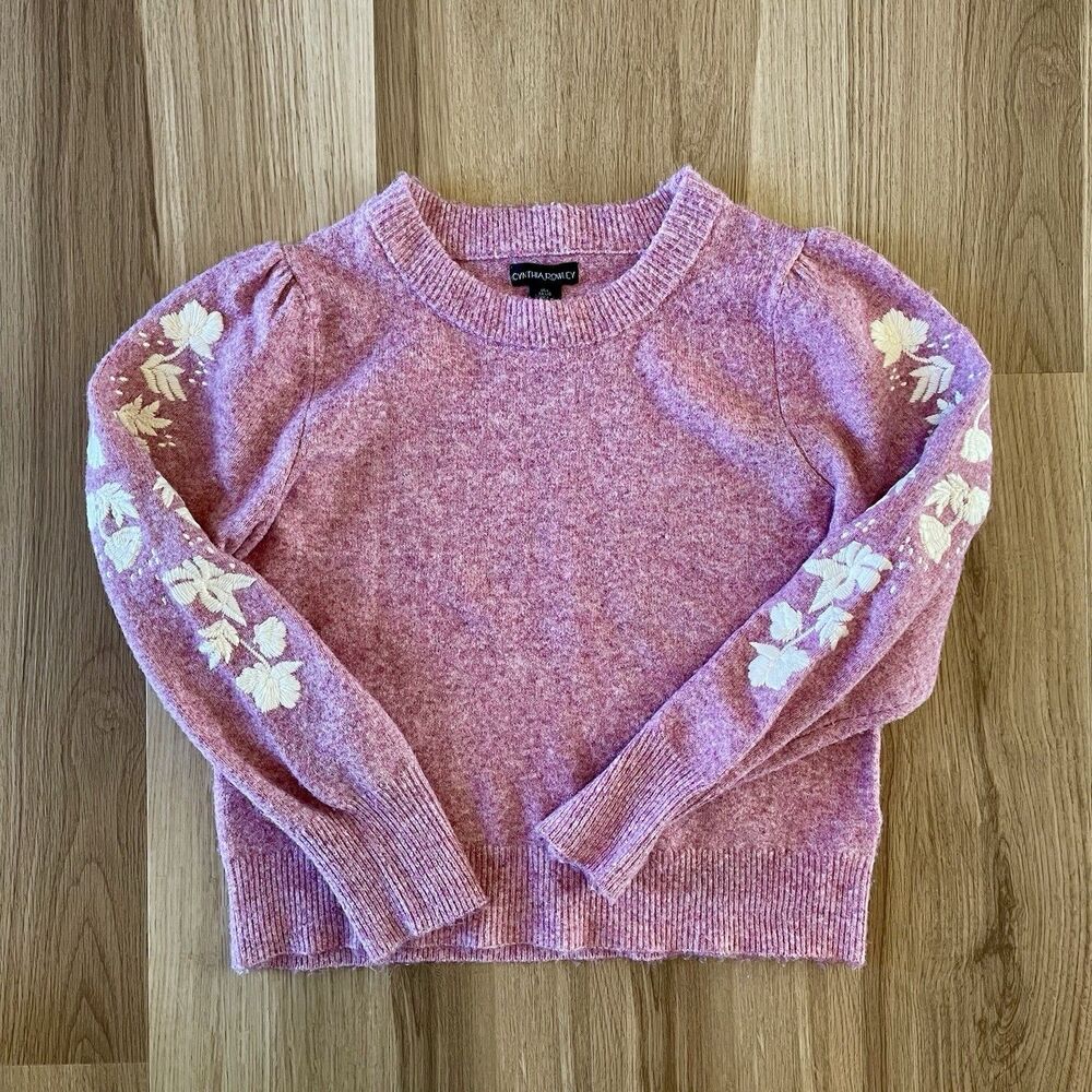 Cynthia Rowley Women’s Large Pink Floral Embroided Puff Sleeve Sweater Coquette